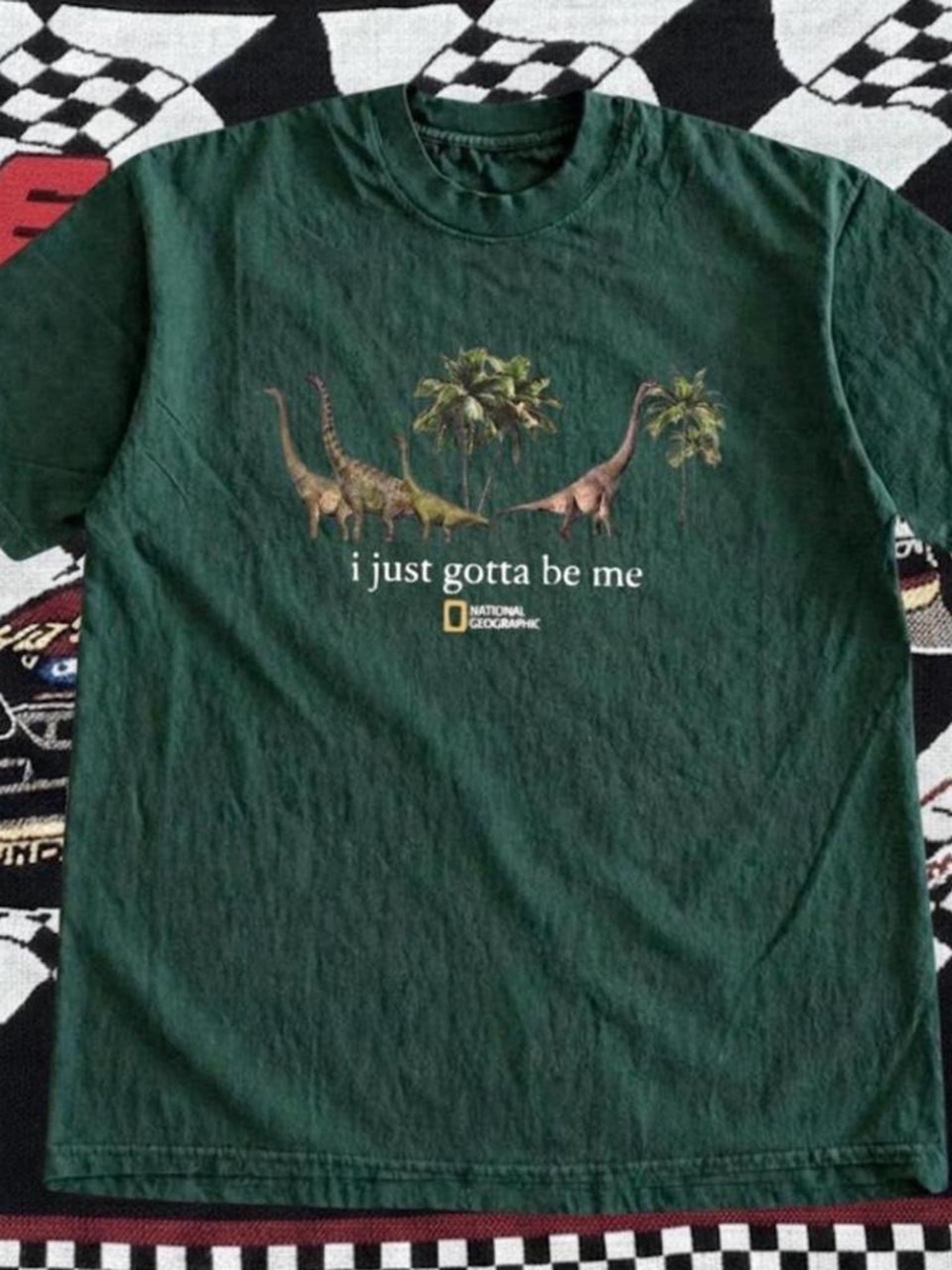 Gildan Dark Green Dinosaur Graphic Tee with Palm Trees